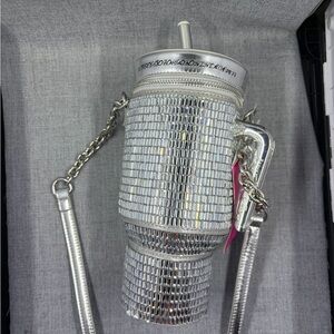 Betsey Johnson Silver Rhinestone Tumbler Cup Crossbody Bag NWT